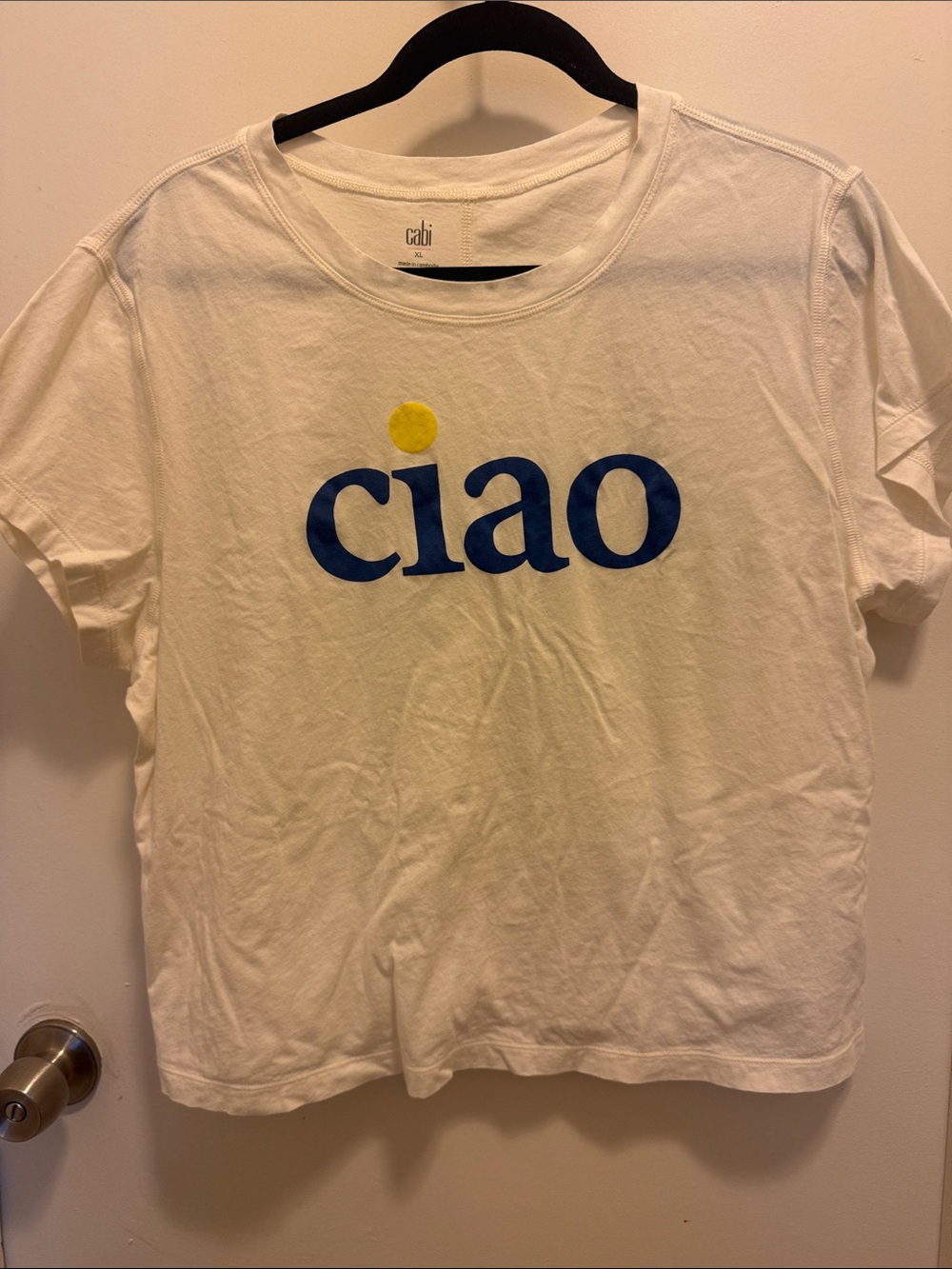 CAbi White Short-Sleeve Tee with Blue 'ciao' and Yellow Dot